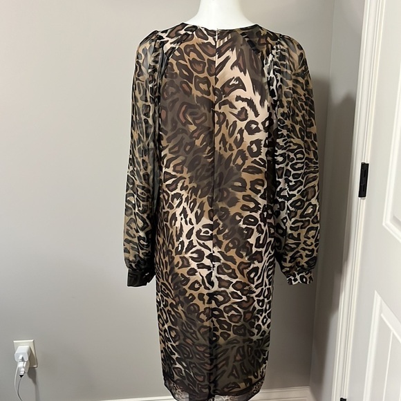 LUISA CERANO Leopard Silk Chiffon Dress Brown Cream Knee Length Shift Sz M - Picture 7 of 13